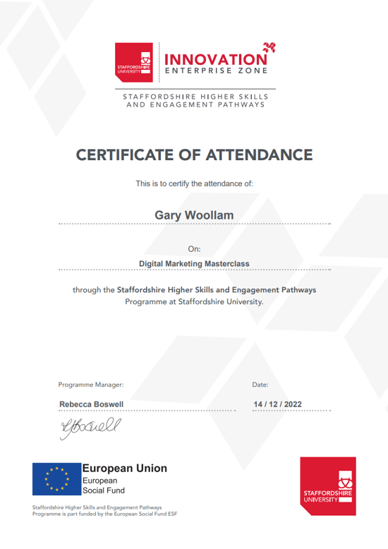 Certificate on completing Higher Skills Course