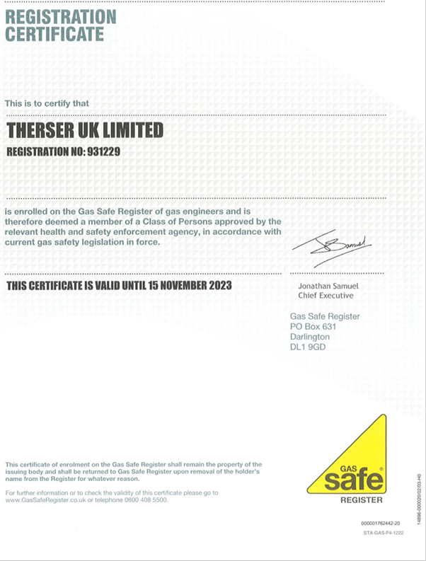 You are in Safe Hands - Therser UK is once again Gas Safe!