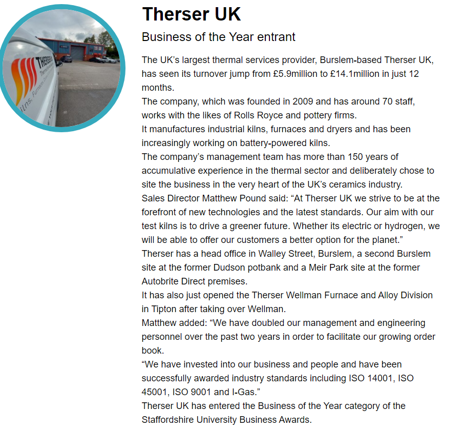 Therser UK - Staffordshire University Business Awards entrant